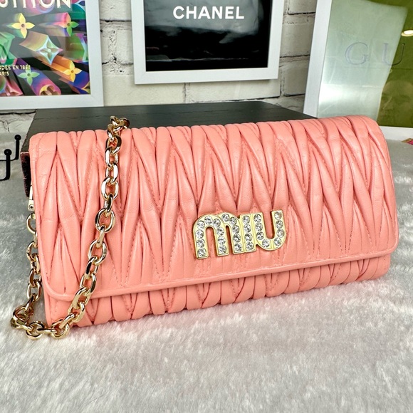 Miu Miu Handbags - Miu Miu Wallet pink Matelasse leather crossbody with rhinestones and chain CUTE